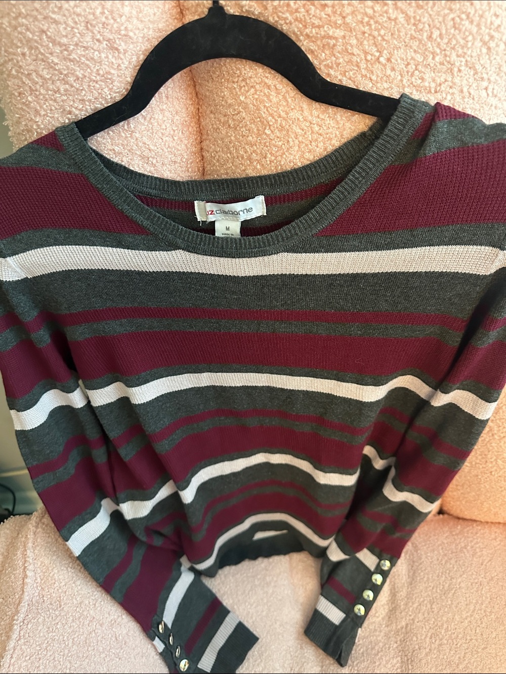 Liz Claiborne Burgundy, Gray & White Striped Crewneck Sweater with Cuff Buttons